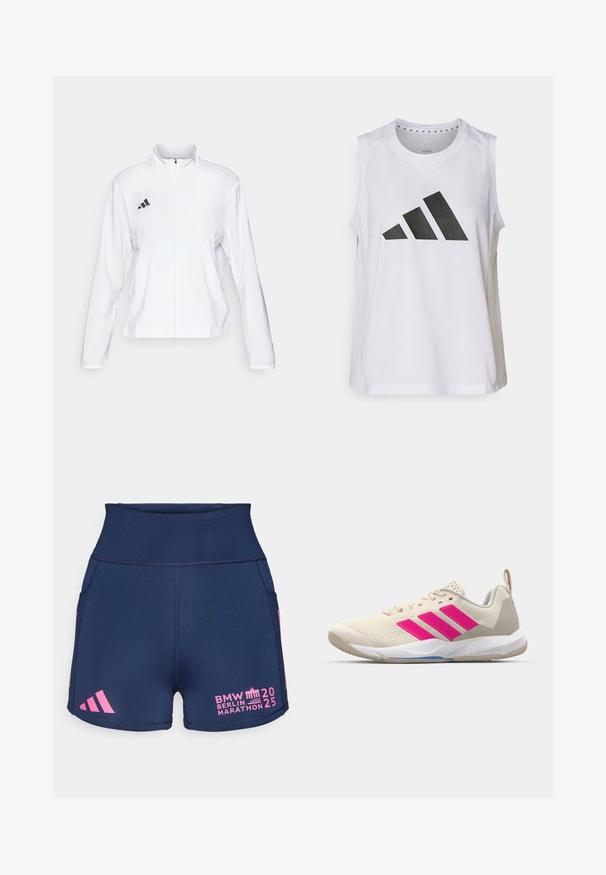 adidas Performance ADIZERO ESSENTIALS - Běžecká bunda - white; Bílý sportovní top bez rukávů s kulatým výstřihem, na přední straně s velkým černým logem Adidas složeným ze tří pruhů.; adidas Performance BER25 SHORT THIGHTS - Krátké běžecké legíny - collegiate navy; Béžová sportovní obuv s růžovým logem tří pruhů, texturovaným síťovaným svrškem, polstrovaným límcem a bílou gumovou podešví, s označením "LIGHTSTRIKE".
