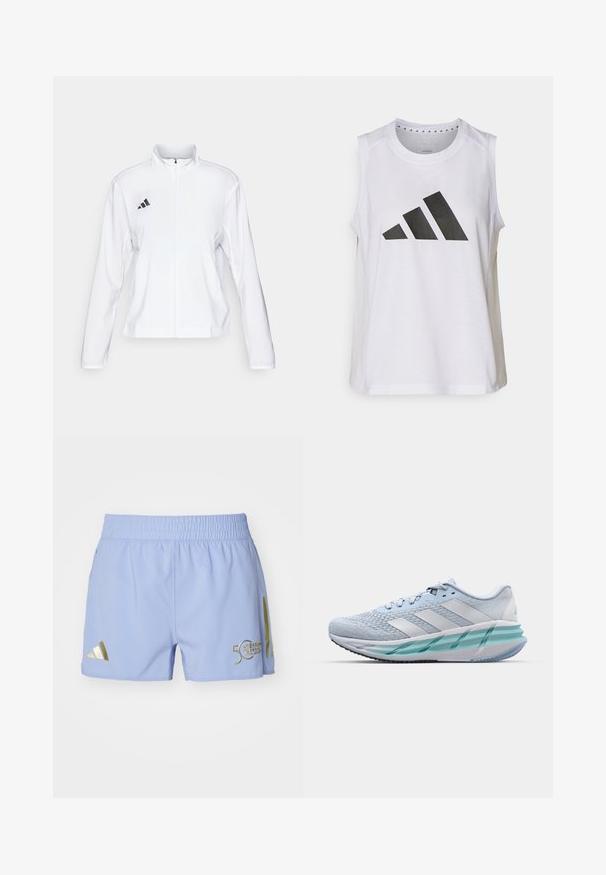 adidas Performance ADIZERO ESSENTIALS - Runningjack - white; Witte sporttop zonder mouwen met ronde halslijn, voorzien van een groot zwart Adidas-logo bestaande uit drie strepen op de voorkant.; adidas Performance SHORT - Korte broeken - blue spark; Lichtblauwe sportschoenen met een gestructureerde breitbovenkant, witte accenten en een doorzichtige groene tussenzool. Ronde neus en gevoerde kraag.