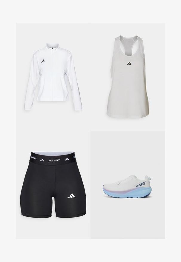 adidas Performance ADIZERO ESSENTIALS - Löparjacka - white; Vit atletisk linne tillverkat av lättviktig tyg med racerback-design och en liten svart logotyp på bröstet.; Svarta shorts tillverkade av elastiskt material med en figurnära design. Har ett brett svart midjeband märkt "TECHFIT" och en vit logotyp på benet.; Vit löpsko med en texturerad ovandel, försedd med en gradient sula i blå och lila nyanser och en liten accentlogotyp på sidan.