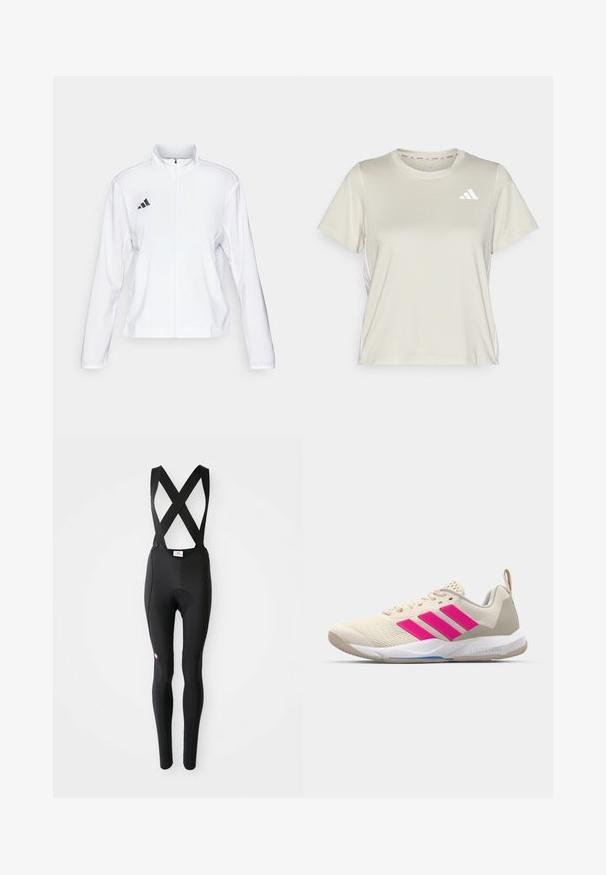 adidas Performance ADIZERO ESSENTIALS - Juoksutakki - white; adidas Performance TRAIN ESSENTIALS 3STRIPES WORKOUT - Tekninen t-paita - alumina/white; Mustat pyöräilyhousut, joissa on pehmustettu istuin ja ristikkäiset olkaimet, esillä valkoista taustaa vasten.; Beige urheilujalkine, jossa on vaaleanpunainen kolmonen-striippi-logo, teksturoitu verkko-yläosa, pehmustettu kaulus ja valkoinen kumipohja, jossa on "LIGHTSTRIKE" -brändäys.