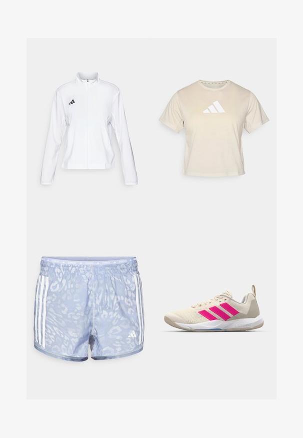 adidas Performance ADIZERO ESSENTIALS - Striukė bėgimui - white; Kreminės spalvos trumpomis rankovėmis marškinėliai, pagaminti iš minkštos medžiagos, su ryškiu baltu Adidas logotipu, sudarytu iš trijų juostelių, ant krūtinės. Klasikinis apvalus iškirpimas.; Šviesiai mėlyni bėgimo šortai su subtiliu leopardų raštu, elastinga juosmens juosta ir trimis baltais dryžiais kiekvienoje pusėje.; Bežiniai sportiniai bateliai su rožinėmis trimis juostomis, tekstūruota tinklelio viršutinė dalis, paminkštinta apykaklė ir balta guma neslystančia padu, turintys "LIGHTSTRIKE" prekės ženklą.