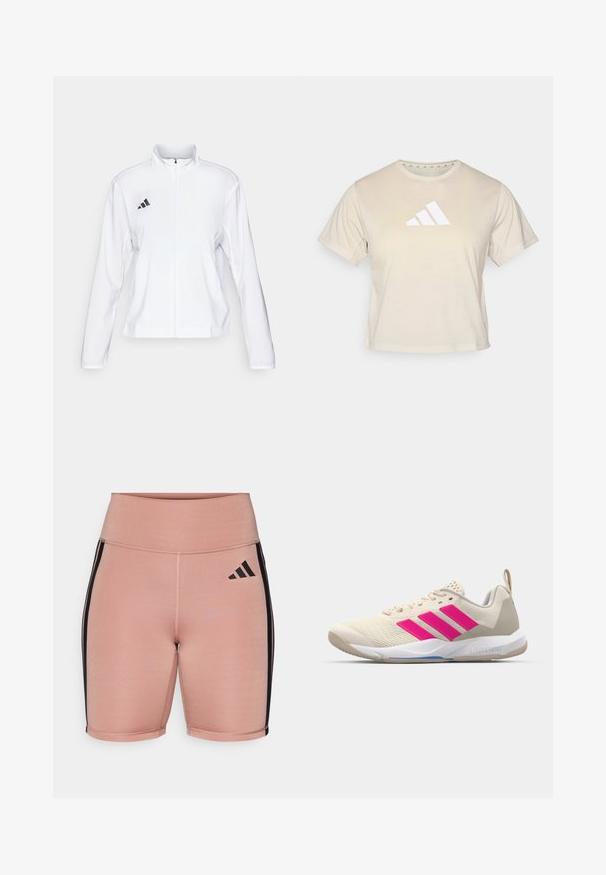 adidas Performance ADIZERO ESSENTIALS - Sportdzseki - white; Beige színű, rövid ujjú póló, puha anyagból készült, amelyen a mellrészen kiemelkedő fehér háromcsíkos Adidas logó található. Klasszikus kerek nyakkivágású.; Rózsaszín sportnadrág magas derékkal, rugalmas anyagból. Fekete oldalsávokkal és az Adidas logóval a bal oldalon.; Beige sportcipő rózsaszín háromsávos logóval, texturált hálós felső résszel, párnázott nyakkal és fehér gumitalppal, "LIGHTSTRIKE" márkajelzéssel.