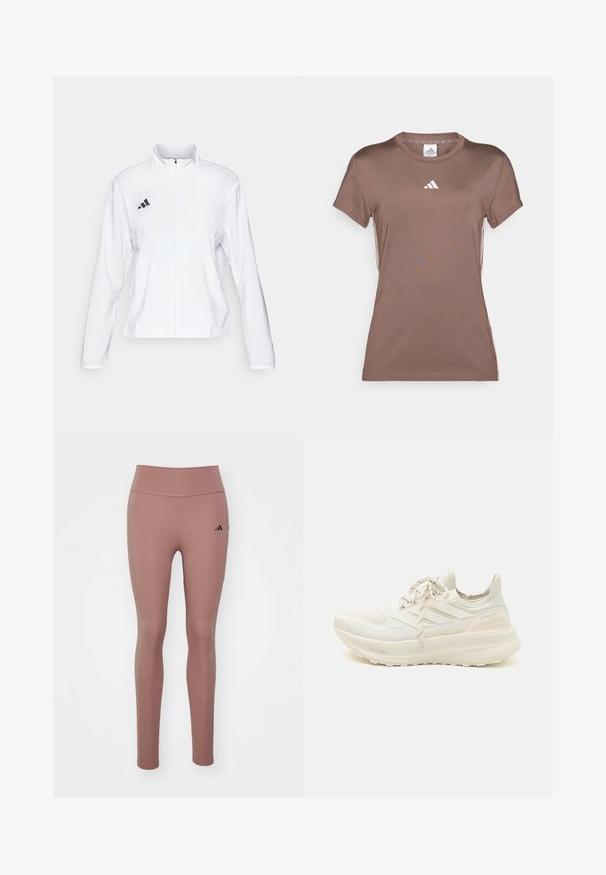 adidas Performance ADIZERO ESSENTIALS - Jachetă sport - white; adidas Performance Bluză sport - earth strata/white; Leggings atletice roz, realizate dintr-un material elastic. Design cu talie înaltă, cu o textură netedă și un mic logo negru pe șoldul stâng.; Pantofii sport albi au un superior texturat, un design cu trei dungi, un amortizor ușor și un accent de toc în culori diferite. Tehnologie de talpă ușoară.