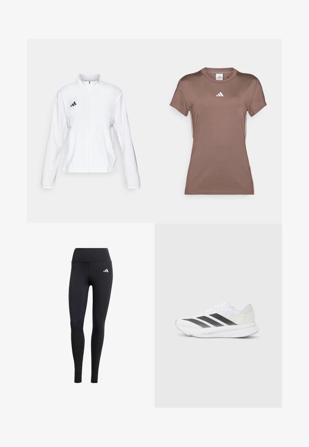 adidas Performance ADIZERO ESSENTIALS - Sportdzseki - white; adidas Performance Sportfelső - earth strata/white; Fekete leggings elasztikus anyagból, magas derékkal és egy kis fehér logóval, sima, matt felülettel.; Fehér sportcipő fekete átlós csíkokkal, hálós felsőrésszel, lekerekített orral és texturált talppal. A kiegészítők között szerepel egy ezüst sarok és minimalista dizájn.