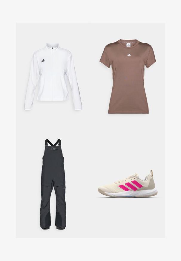 adidas Performance ADIZERO ESSENTIALS - Løpejakke - white; adidas Performance T-skjorte til trening - earth strata/white; Svart, isolerte bukseseler laget av vanntett materiale, med justerbare stropper, en frontlomme med glidelås og forsterkede knepartier.; Beige atletik sko med rosa tre-stripes logo, teksturert mesh-overdel, polstret krage og hvit gummisåle, med "LIGHTSTRIKE" merke.