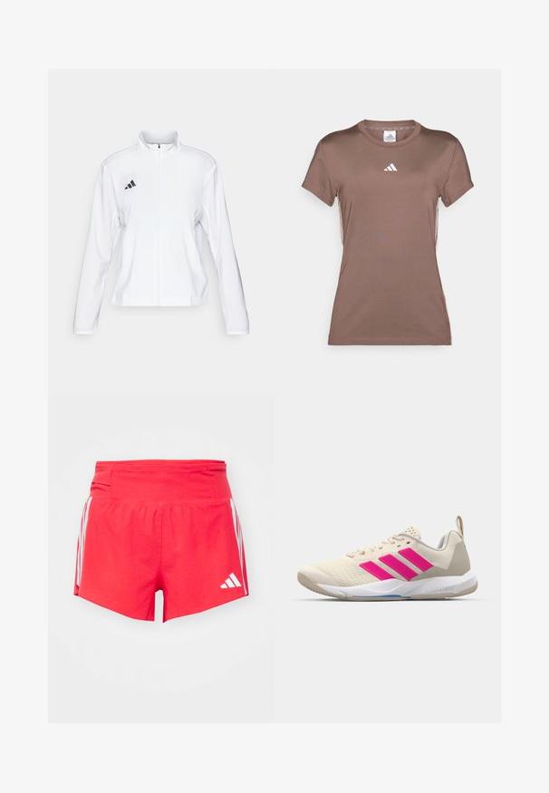 adidas Performance ADIZERO ESSENTIALS - Striukė bėgimui - white; adidas Performance Sportiniai marškinėliai trumpomis rankovėmis - earth strata/white; Raudoni sportiniai šortai su tekstūruota medžiaga, turintys plačią juosmenį ir baltas šonines juosteles bei logotipų akcentus.; Bežiniai sportiniai bateliai su rožinėmis trimis juostomis, tekstūruota tinklelio viršutinė dalis, paminkštinta apykaklė ir balta guma neslystančia padu, turintys "LIGHTSTRIKE" prekės ženklą.