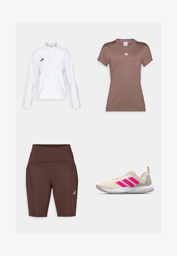 adidas Performance ADIZERO ESSENTIALS - Běžecká bunda - white; adidas Performance Sportovní tričko - earth strata/white; Hnědé sportovní šortky vyrobené z elastického materiálu, s vysokým pasem, těsným střihem, boční kapsou a malým logem na dolní části nohavice.; Béžová sportovní obuv s růžovým logem tří pruhů, texturovaným síťovaným svrškem, polstrovaným límcem a bílou gumovou podešví, s označením "LIGHTSTRIKE".