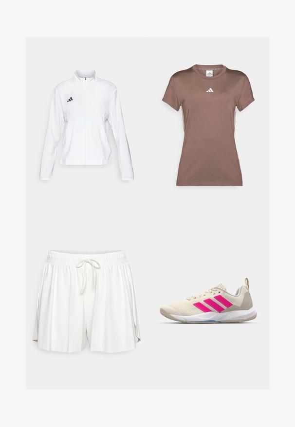 adidas Performance ADIZERO ESSENTIALS - Jachetă sport - white; adidas Performance Bluză sport - earth strata/white; Shorts din bumbac alb cu talie elastică, închidere cu șnur și slituri laterale pentru libertatea de mișcare. Textură netedă și croială lejeră.; Pantof de sport bej cu logo în trei dungi roz, superior din plasă texturată, guler căptușit și talpă din cauciuc alb, având marca "LIGHTSTRIKE".