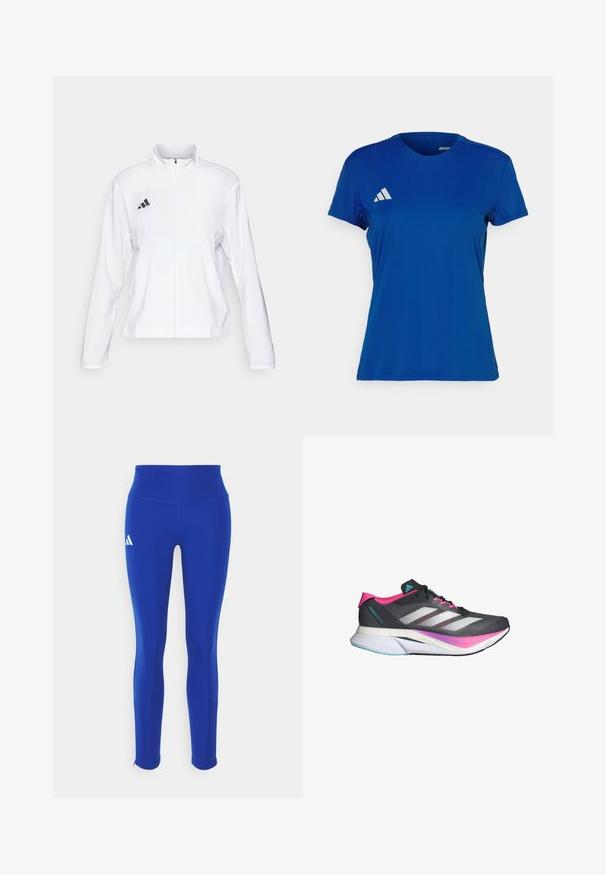 adidas Performance ADIZERO ESSENTIALS - Chaqueta de running - white; Camiseta atlética azul de manga corta con cuello redondo; hecha de tela ligera; presenta un logo blanco de Adidas en el hombro izquierdo.; Leggings deportivos azules con una cintura alta, hechos de un material elástico, con un logo blanco en la cadera izquierda y dobladillos discretos.; Zapatilla de correr con parte superior de malla gris, acentos en rosa y rayas blancas. Cuenta con una suela acolchada y un diseño elegante y aerodinámico.