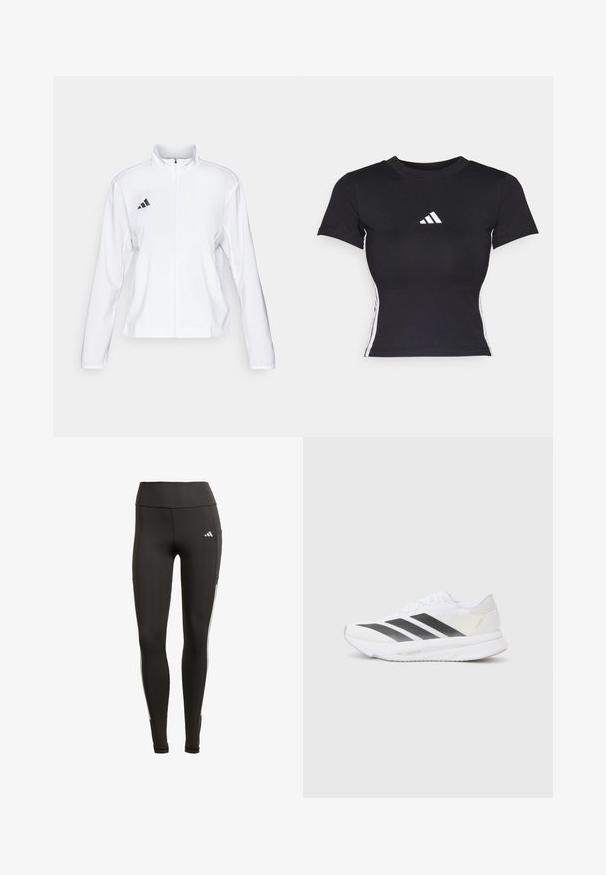adidas Performance ADIZERO ESSENTIALS - Löparjacka - white; Svart åtsittande t-shirt i ett mjukt tyg. Har korta ärmar och vit adidas-logga på bröstet. Vita ränder längs sidorna.; Svarta leggings tillverkade av elastiskt tyg, med hög midja, vita sidostripes och en sidoficka för bekvämlighet.; Vita sportskor i vitt med svarta diagonala ränder, överdel i mesh, rundad tå och texturerad sula. Accenter inkluderar en silverfärgad häl och en minimalistisk design.