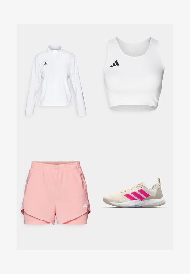 adidas Performance ADIZERO ESSENTIALS - Løpejakke - white; Hvit sportscrop-top laget av glatt stoff, med rund hals og en svart logo-detalj på venstre side.; adidas Performance W MIN 2IN1 SHO - Sports shorts - semi pink spark; Beige atletik sko med rosa tre-stripes logo, teksturert mesh-overdel, polstret krage og hvit gummisåle, med "LIGHTSTRIKE" merke.