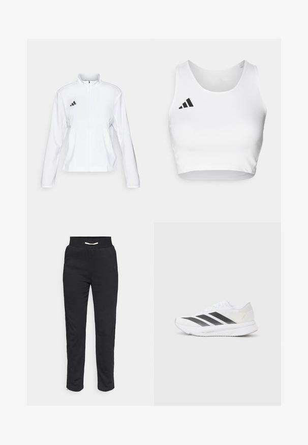 adidas Performance ADIZERO ESSENTIALS - Runningjack - white; Witte sport crop top gemaakt van een gladde stof, met een ronde halslijn en een zwart logo-accent aan de linkerkant.; Zwarte sportieve joggers met een zachte textuur, voorzien van een geribde tailleband en zijkanten met strepen, en een ritssluiting aan de onderkant voor een verstelbare pasvorm.; Witte sportschoen met zwarte diagonale strepen, bovenwerk van gaas, ronde neus en gestructureerde zool. Accenten zijn onder andere een zilveren hak en een minimalistisch ontwerp.