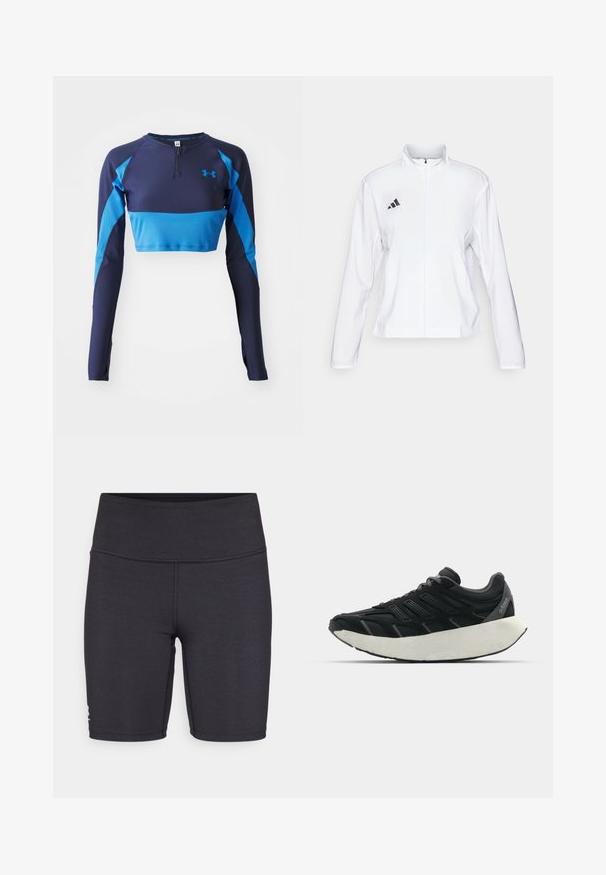 adidas Performance ADIZERO ESSENTIALS - Running jacket - white; Navy and blue long-sleeve athletic top with a half-zip collar, ribbed texture, and contrasting side panels. Under Armour logo on chest.; Black athletic shorts made of stretchy fabric, featuring a high waistband and flatlock stitching details. Designed for comfort and mobility.; Black athletic shoe with a textured upper, multiple gray accents, and a thick white midsole. Lightweight design with breathable material.