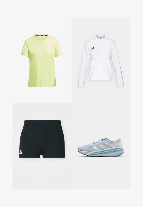 adidas Performance ADIZERO ESSENTIALS - Runningjack - white; Lichtgroen sportshirt gemaakt van ademend materiaal. Voorzien van witte strepen op de mouwen en een zwart "RUNNING" label op de halslijn.; Zwarte sportieve shorts van rekbaar materiaal, met een hoge tailleband, aangesloten pasvorm en een wit Adidas-logo aan de linkerkant.; Lichtblauwe sportschoenen met een gestructureerde breitbovenkant, witte accenten en een doorzichtige groene tussenzool. Ronde neus en gevoerde kraag.