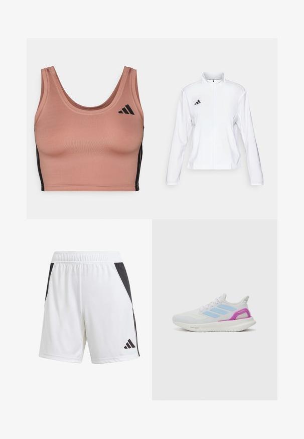 adidas Performance ADIZERO ESSENTIALS - Running jacket - white; Sports bra in soft, rose pink fabric with a scoop neckline, black side stripes, and subtle logo accents. Tailored fit with smooth texture.; White athletic shorts with a black side panel, made of lightweight fabric. Features an elastic waistband and a black Adidas logo on the lower leg.; adidas Performance PUREBOOST 5 - Road running shoes - white/glow blue/purple burst