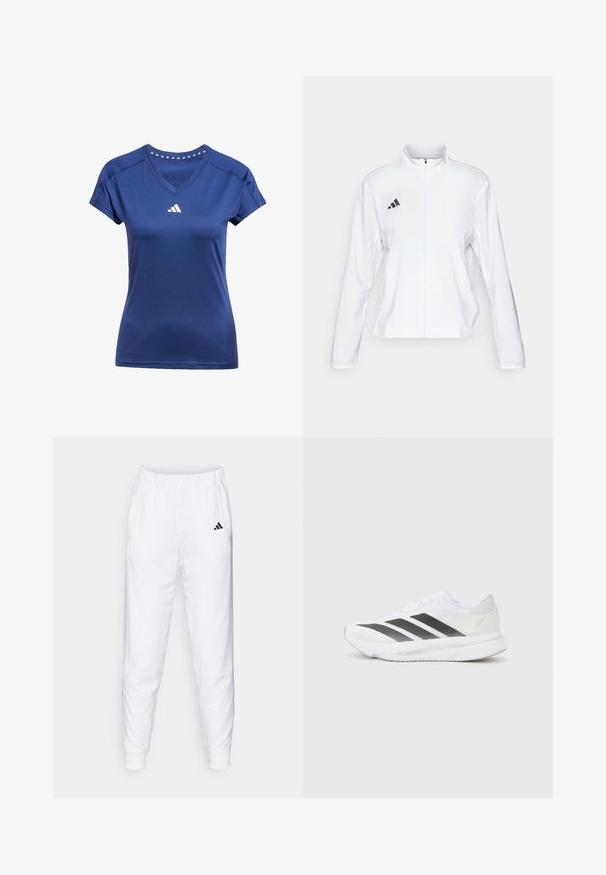 adidas Performance ADIZERO ESSENTIALS - Spordijope - white; Tumed sinine spordit-särk V-kaelusega, lühikeste varrukatega ja valge logoga rinnal. Kollase äärisega kolmnurkadega kaela ümber.; Valged spordipüksid elastse vöökoht ja pükste alumine serv. Omavad küljetaskuid ja väikest musta logo vasakul reitel. Sile kangast viimistlus.; Valged sportlikud jalanõud mustade diagonaalsete triipudega, võrkkattega, ümarate varvastega ja tekstuurse tallaga. Aktsentideks on hõbedane kand ja minimalistlik disain.