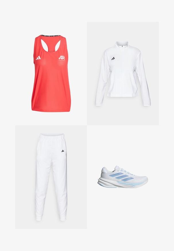 adidas Performance ADIZERO ESSENTIALS - Veste de running - white; Débardeur de sport rouge avec encolure en U, design dos nageur, logo Adidas et marquage "AR". Fabriqué en tissu texturé et respirant.; Pantalons de sport blancs avec taille élastique et poignets. Comprend des poches latérales et un petit logo noir sur la cuisse gauche. Finition en tissu lisse.; Baskets de course blanches avec des accents bleu clair, tige en maille respirante, design à trois bandes, semelle rembourrée et semelle extérieure à traction texturée.