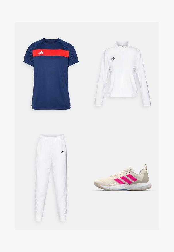 adidas Performance ADIZERO ESSENTIALS - Running jacket - white; Navy blue athletic t-shirt featuring a horizontal red stripe across the chest and three white stripes on the sleeves. Material is smooth and lightweight.; White athletic pants with elastic waistband and cuffs. Features side pockets and a small black logo on the left thigh. Smooth fabric finish.; Beige athletic shoe with pink three-stripe logo, textured mesh upper, padded collar, and white rubber sole, featuring "LIGHTSTRIKE" branding.
