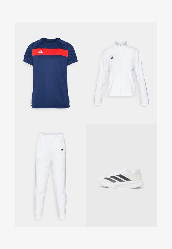 adidas Performance ADIZERO ESSENTIALS - Laufjacke - white; Dunkelblaues Sport-T-Shirt mit einem horizontalen roten Streifen über der Brust und drei weißen Streifen an den Ärmeln. Das Material ist glatt und leicht.; Weiße Sporthose mit elastischem Bund und Bündchen. Verfügt über Seitentaschen und ein kleines schwarzes Logo am linken Oberschenkel. Glatter Stofffinish.; Weißer Sportschuh mit schwarzen diagonalen Streifen, Mesh-Obermaterial, abgerundetem Zehenbereich und strukturiertem Profil. Akzente sind ein silberner Heel und ein minimalistisches Design.