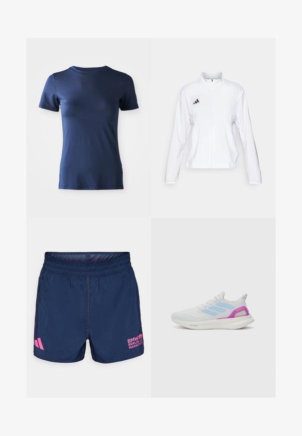 adidas Performance ADIZERO ESSENTIALS - Striukė bėgimui - white; Tamsiai mėlynos spalvos trumpomis rankovėmis marškinėliai, pagaminti iš minkštos medžiagos, su apvalia iškirpte ir mažu logotipu viršutiniame kairiajame krūtinės kampelyje.; adidas Performance BER25 OTR SHORTS - Sportiniai šortai - collegiate navy; adidas Performance PUREBOOST 5 - Bėgimo batai plentui - white/glow blue/purple burst
