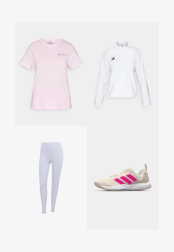 adidas Performance ADIZERO ESSENTIALS - Løpejakke - white; Rosa bomulls T-skjorte med korte ermer, med en subtil blå "Champion"-logo på venstre bryst og rund hals.; Lys lilla leggings laget av elastisk stoff. Høy midje-design med en jevn tekstur og ingen synlige sømmer eller mønstre.; Beige atletik sko med rosa tre-stripes logo, teksturert mesh-overdel, polstret krage og hvit gummisåle, med "LIGHTSTRIKE" merke.