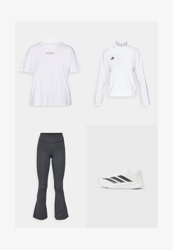 adidas Performance ADIZERO ESSENTIALS - Bežecká bunda - white; Biela bavlnená tričko s krátkymi rukávmi, s okrúhlym krkom a potlačou v čiernej farbe, na prednej strane s textom "LEN HRAJTE ATLETIKU".; Sivé legíny s rozšíreným spodným dizajnom, vyrobené z hladkého, elastického materiálu, s vysokým pásom a bezšvovou konštrukciou.; Biele športové topánky s čiernymi diagonálnymi pruhmi, sieťovinovým zvrškom, zaoblenou špičkou a textúrovanou podrážkou. Akcenty zahŕňajú striebornú pätu a minimalistický dizajn.