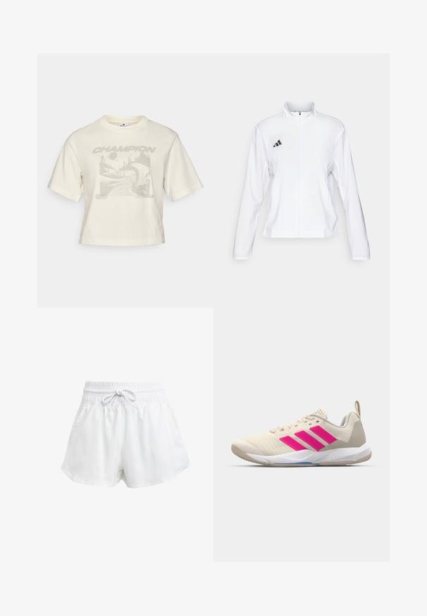 adidas Performance ADIZERO ESSENTIALS - Løbejakker - white; Afkortet creme t-shirt lavet af bomuld, med et gråt grafisk print af abstrakte landskaber og ordet "CHAMPION" i fed skrift.; Hvide atletiske shorts med elastisk talje og justerbar snor. Fremstillet af letvægtsmateriale, med sidelommer og en løs pasform.; Beige sportsko med pink tre-stribede logo, tekstureret mesh overdel, polstret krave og hvid gummisål, med "LIGHTSTRIKE" branding.