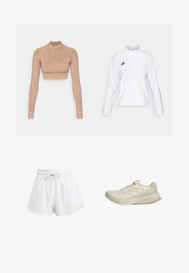 adidas Performance ADIZERO ESSENTIALS - Laufjacke - white; Langarm-Crop-Top in hellbeige mit strukturiertem Diamantmuster, Viertelreißverschluss und enganliegenden Ärmeln mit gerippten Bündchen.; Weiße Sportschorts mit elastischem Bund und einstellbarem Kordelzug. Hergestellt aus leichtem Material, mit seitlichen Taschen und lockerer Passform.; Beige Laufschuhe mit einem atmungsaktiven Mesh-Obermaterial, strukturiertem Design, gebogenem Sohlenprofil und drei Streifen an der Seite. Leicht und modern.