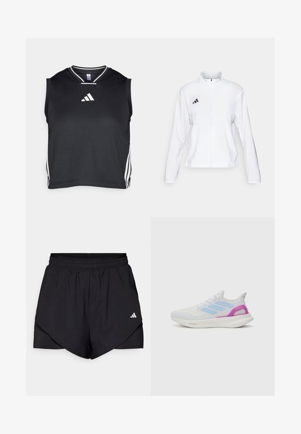 adidas Performance ADIZERO ESSENTIALS - Μπουφάν για τρέξιμο - white; Μαύρο αθλητικό τοπ χωρίς μανίκια με V-λαιμόκοψη, λευκές τρεις ρίγες στα πλάγια και λογότυπο adidas μπροστά. Υφασμάτινη υφή.; Μαύρα αθλητικά σορτς με πολυεπίπεδο σχέδιο, φτιαγμένα από ελαφρύ ύφασμα. Διαθέτουν ελαστική μέση και ένα μικρό λευκό λογότυπο στη πλευρά.; adidas Performance PUREBOOST 5 - Παπούτσια για τρέξιμο σε δρόμο - white/glow blue/purple burst