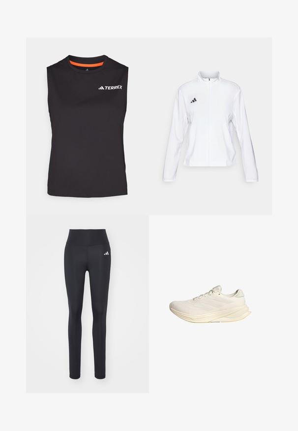 adidas Performance ADIZERO ESSENTIALS - Spordijope - white; Varrukaseta must treenipoliesterist, mis tõukab niiskust eemale. Omab oranži aksenti krael ja valgega trükitud "TERREX" logo.; Musthave tumedadast aluspidža, millel on kõrge vöökoht ja valge brändi logo vasakul puusal.; Heledadbeige sportjalats, millel on tekitatud ülemine osa, tasased paelad ja pehmendusega talla. Sisaldab lateraalses küljel kolme triibu disaini.