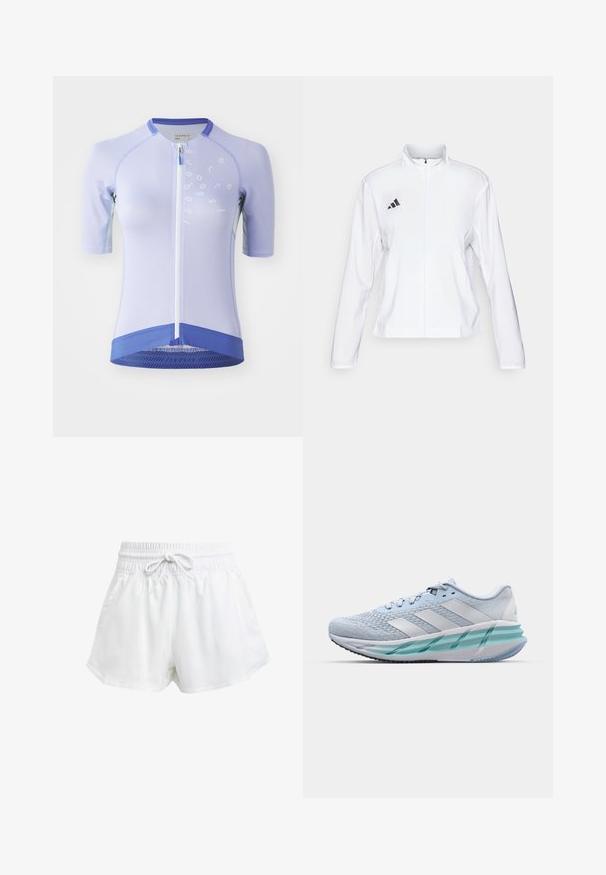 adidas Performance ADIZERO ESSENTIALS - Runningjack - white; Korte mouwen fietsjersey in lichtpaars, met een halve rits aan de voorkant, een mesh-textuur en donkerpaarse accenten aan de onderrand en kraag.; Witte sportieve shorts met een elastische tailleband en verstelbaar trekkoord. Gemaakt van lichtgewicht materiaal, met zijzakken en een losse pasvorm.; Lichtblauwe sportschoenen met een gestructureerde breitbovenkant, witte accenten en een doorzichtige groene tussenzool. Ronde neus en gevoerde kraag.