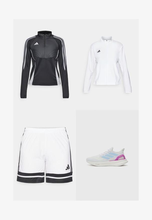 adidas Performance ADIZERO ESSENTIALS - Runningjack - white; Zwarte sportieve quarter-zip lange mouwen top met grijze accenten en drie strepen op elke arm, met een sportief ontwerp en gestructureerde naden.; Witte sportshorts met zwarte accenten, voorzien van een rekbare tailleband en contrasterende zwarte strepen langs de zoom en de zijkanten.; adidas Performance PUREBOOST 5 - Hardloopschoenen voor op de weg - white/glow blue/purple burst