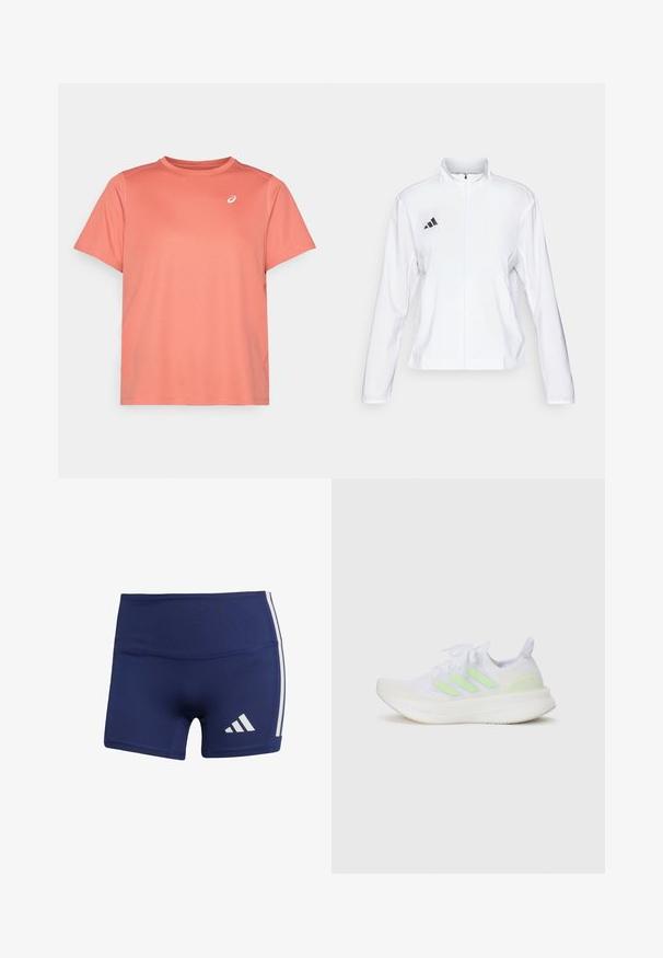 adidas Performance ADIZERO ESSENTIALS - Běžecká bunda - white; Tílko s krátkým rukávem v korálové barvě, vyrobené z texturované látky s kulatým výstřihem a malým bílým logem na horní levé straně hrudníku.; Tmavě modré sportovní šortky s těsným střihem, vyrobené z hladké látky, s bílými bočními pruhy a logem na dolní levé straně.; adidas Performance ULTRABOOST 5 - Silniční běžecké boty - white/semi green spark/grey one