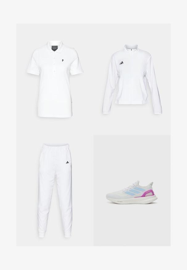 adidas Performance ADIZERO ESSENTIALS - Jachetă sport - white; Tricou polo alb, realizat dintr-un material neted, cu guler clasic și mâneci scurte. Logo negru pe partea stângă a pieptului. Butoane pe față.; Pantaloni atletici albi cu talie elastică și manșete. Au buzunare laterale și un mic logo negru pe coapsa stângă. Finisaj dintr-un material neted.; adidas Performance PUREBOOST 5 - Pantofi de alergare pe asfalt - white/glow blue/purple burst