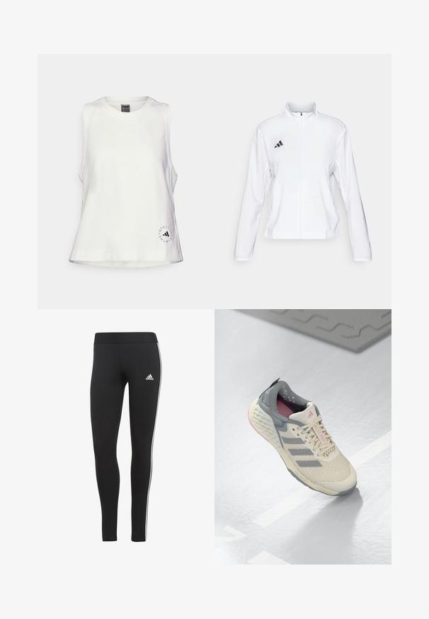 adidas Performance ADIZERO ESSENTIALS - Sporta jaka - white; Balts bez piedurknēm tops ar apaļu kakla izgriezumu, maiga tekstūra un neliels melns apļa logotips apakšējā kreisajā pusē.; Melnas legingas, izgatavotas no elastīgas auduma, ar augstu jostasvietu, baltām sānu svītrām un mazu balto logotipu kreisajā gurnā.; Beige sporta apavi ar pelēkiem akcentiem, sietveida augšdaļu un teksturētu zoli. Iezīmē trīs pelēkas svītras un rozā interjera detalizācijas.