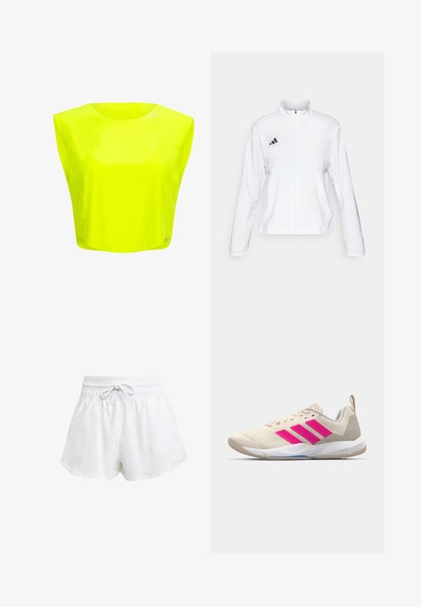 adidas Performance ADIZERO ESSENTIALS - Bežecká bunda - white; Neón žltý crop top s okrúhlym výstrihom a krátkymi rukávmi. Vyrobený z hladkého, ľahkého materiálu s voľným strihom.; Biele športové šortky s elastickým pásom a nastavitelnou šnúrkou. Vyrobené z ľahkého materiálu, s bočnými vreckami a voľným strihom.; Béžová atletická obuv s ružovým logom trojpruhov, textúrovaný sieťový zvršok, polstrovaný golier a biela gumová podrážka s označením "LIGHTSTRIKE".