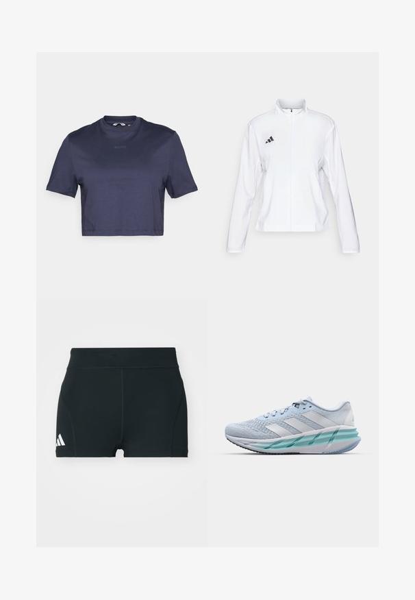 adidas Performance ADIZERO ESSENTIALS - Giacca da running - white; T-shirt cropped blu navy realizzato in tessuto morbido con collo rotondo e maniche corte. Presenta la scritta "BORG" stampata in modo discreto nella parte anteriore.; Pantaloni sportivi neri realizzati in tessuto elasticizzato, con vita alta, forma aderente e logo Adidas bianco sul lato sinistro.; Scarpe da ginnastica azzurro chiaro con tomaia in maglia testurizzata, accenti bianchi e suola intermedia verde trasparente. Punta rotonda e colletto imbottito.