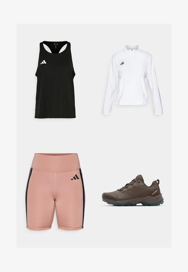 adidas Performance ADIZERO ESSENTIALS - Runningjack - white; Zwarte sportieve tanktop met een ronde halslijn en een open rugontwerp. Heeft een wit Adidas-logo op de linkerborst. Zachte, lichtgewicht stof.; Roze sportshorts met een hoge taille, gemaakt van rekbaar materiaal. Bevat zwarte zijstrepen en het Adidas-logo aan de linkerkant.; Grijze en teal wandelschoenen met gaaspanelen, gestructureerde bovenkant en robuuste rubberen outsole. Voorzien van een gevoerde tong en vetersluiting.