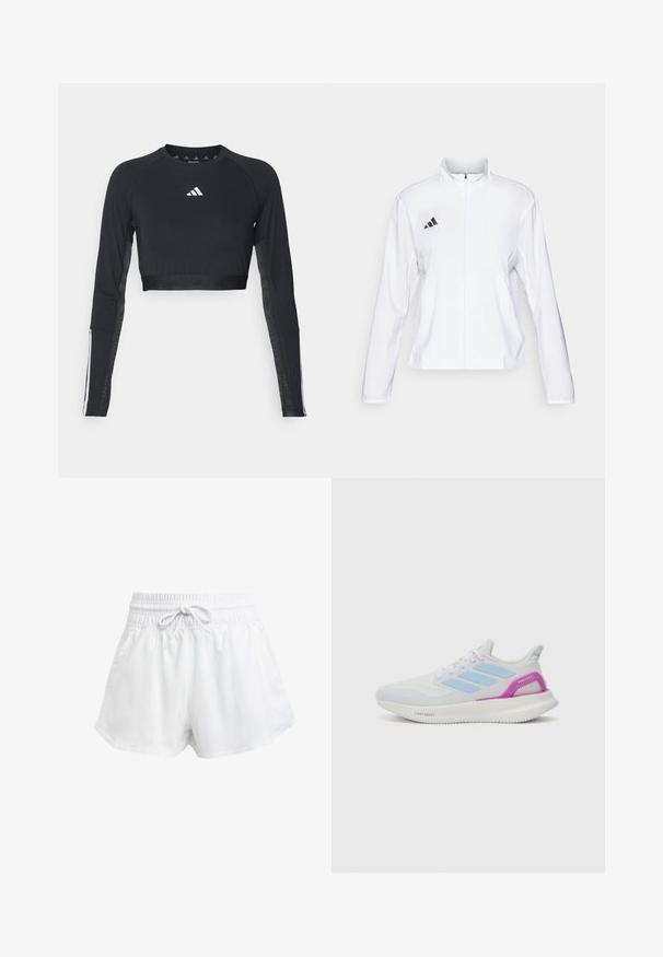 adidas Performance ADIZERO ESSENTIALS - Jachetă sport - white; Top de antrenament negru, cu mânecă lungă și croială scurtă, realizat dintr-un material neted. Prezentă un logo alb pe piept și accente cu dungi pe mâneci.; Shorts albi sportivi cu talie elastică și șnur ajustabil. Fabricate dintr-un material ușor, cu buzunare laterale și o croială largă.; adidas Performance PUREBOOST 5 - Pantofi de alergare pe asfalt - white/glow blue/purple burst