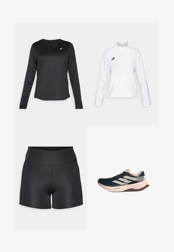 adidas Performance ADIZERO ESSENTIALS - Veste de running - white; T-shirt d'entraînement à manches longues noir en tissu léger. Présente un col rond et un petit logo sur la poitrine. Texture lisse.; Shorts de sport noirs en matière extensible, dotés d'une taille haute, de coutures plates et d'un logo Adidas discret dans le coin inférieur.; Chaussure de course avec une tige en mesh bleu foncé, semelle beige clair et design à trois bandes blanches. Présente une forme élégante et aérodynamique ainsi que des accents texturés.