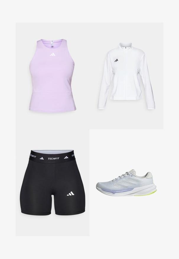 adidas Performance ADIZERO ESSENTIALS - Giacca da running - white; Canotta sportiva lilla realizzata in tessuto morbido con un design aderente, caratterizzata da un collo tondo e un logo Adidas bianco sul petto.; Shorts neri realizzati in tessuto elastico con un design aderente. Presentano una larga fascia in vita nera etichettata "TECHFIT" e un logo bianco sulla gamba.; Scarpa da ginnastica bianca con tomaia in rete traspirante, design texturizzato e dettagli in lavanda. Presenta una suola ammortizzata con dettagli verde sulla suola.