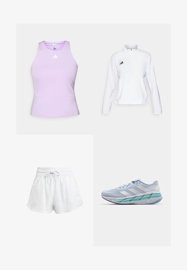 adidas Performance ADIZERO ESSENTIALS - Veste de running - white; Débardeur de sport lilas en tissu lisse, avec une coupe ajustée, doté d'un col rond et d'un logo Adidas blanc sur la poitrine.; Shorts de sport blancs avec une taille élastique et un cordon de serrage réglable. Fabriqués en matériau léger, ils sont dotés de poches latérales et d'une coupe ample.; Baskets de sport bleu clair avec un dessus en tricot texturé, des accents blancs et une semelle intermédiaire transparente verte. Bout arrondi et col rembourré.