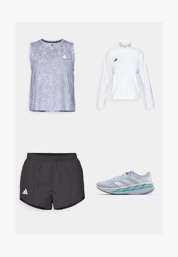 adidas Performance ADIZERO ESSENTIALS - Veste de running - white; Débardeur sans manches violet en tissu respirant, avec un motif animal subtil et un logo Adidas blanc sur la poitrine.; Shorts de sport noirs en tissu léger, dotés d'une taille élastique et d'un logo Adidas blanc en bas à gauche.; Baskets de sport bleu clair avec un dessus en tricot texturé, des accents blancs et une semelle intermédiaire transparente verte. Bout arrondi et col rembourré.