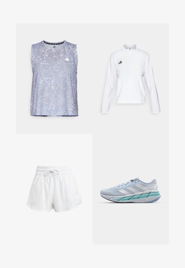 adidas Performance ADIZERO ESSENTIALS - Veste de running - white; Débardeur sans manches violet en tissu respirant, avec un motif animal subtil et un logo Adidas blanc sur la poitrine.; Shorts de sport blancs avec une taille élastique et un cordon de serrage réglable. Fabriqués en matériau léger, ils sont dotés de poches latérales et d'une coupe ample.; Baskets de sport bleu clair avec un dessus en tricot texturé, des accents blancs et une semelle intermédiaire transparente verte. Bout arrondi et col rembourré.