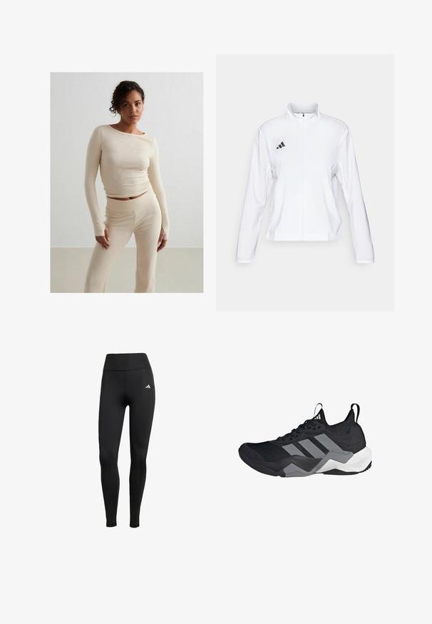 adidas Performance ADIZERO ESSENTIALS - Løpejakke - white; Beige ribbet langermet topp og matchende høyt midje bukser, myk tekstur, tettsittende design, minimalistisk stil, med subtile sømdetaljer.; Sorte treningsleggings med høy midje. Laget av elastisk stoff med en hvit logo detalj på øvre venstre side.; Svart idrettssko med et pustende mesh-overdel, grå aksenter, teksturert såle og tre distinkte striper på siden.