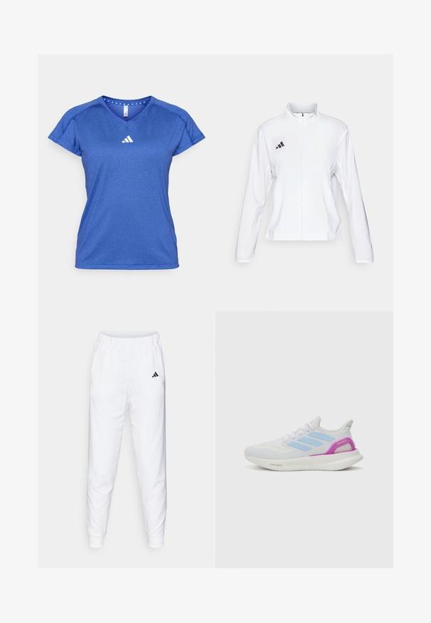 adidas Performance ADIZERO ESSENTIALS - Běžecká bunda - white; adidas Performance Sportovní tričko - semi lucid blue; Bílé sportovní kalhoty s elastickým pasem a manžetami. Mají boční kapsy a malé černé logo na levém stehně. Hladký povrch látky.; adidas Performance PUREBOOST 5 - Silniční běžecké boty - white/glow blue/purple burst