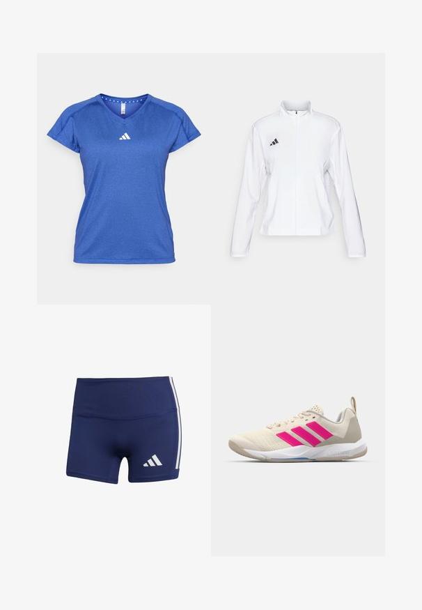 adidas Performance ADIZERO ESSENTIALS - Chaqueta de running - white; adidas Performance Camiseta deportiva - semi lucid blue; Pantalones cortos deportivos de color azul marino con un ajuste ceñido, hechos de una tela suave, con rayas blancas en los costados y un logotipo en la parte inferior izquierda.; Zapatilla deportiva beige con logo de tres rayas rosa, parte superior de malla texturizada, cuello acolchado y suela de goma blanca, con la marca "LIGHTSTRIKE".