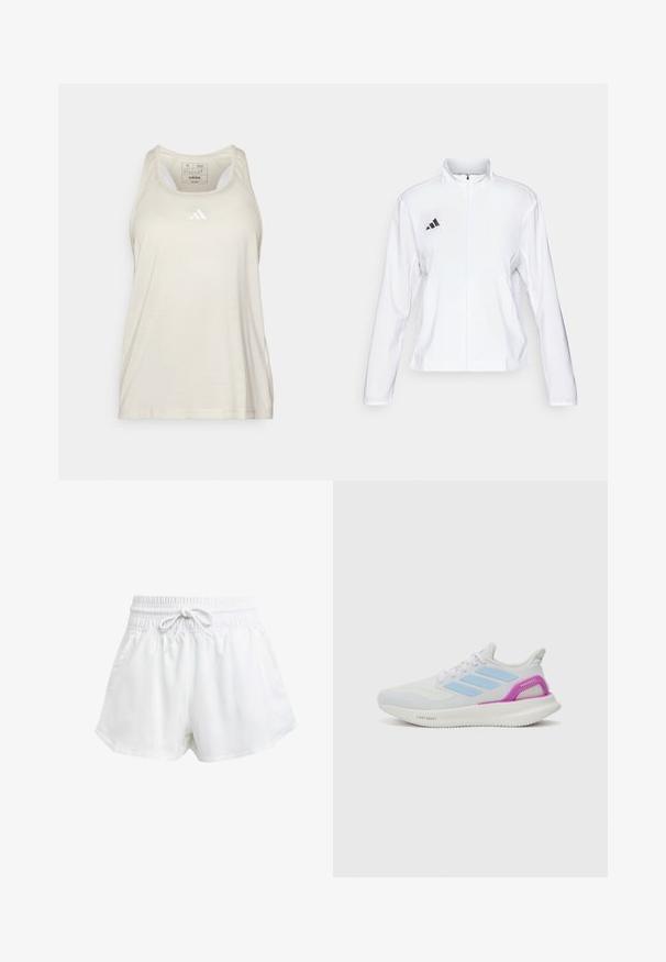 adidas Performance ADIZERO ESSENTIALS - Laufjacke - white; adidas Performance TRAIN ESSENTIALS MINIMAL BRANDING RACERBACK - Top - alumina/white; Weiße Sportschorts mit elastischem Bund und einstellbarem Kordelzug. Hergestellt aus leichtem Material, mit seitlichen Taschen und lockerer Passform.; adidas Performance PUREBOOST 5 - Laufschuh Straße - white/glow blue/purple burst