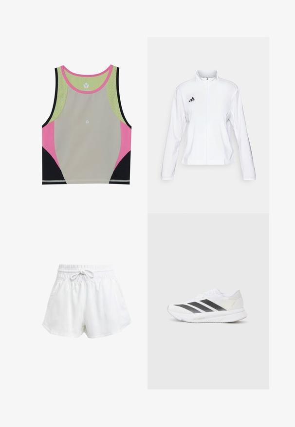 adidas Performance ADIZERO ESSENTIALS - Sportska jakna - white; Šarena sportska crop majica s laganom sivom bazom, ružičastim, crnim i zelenim detaljima, te okruglim izrezom s perforiranim uzorcima.; Bijele atletske šorceve s elastičnom strukom i podešavanjem pomoću vezice. Napravljeni su od laganog materijala, imaju bočne džepove i širok kroj.; Bijela atletska cipela s crnim dijagonalnim trakama, mrežastim gornjim dijelom, zaobljenim prstom i teksturiranim potplatom. Akcenti uključuju srebrnu petu i minimalistički dizajn.