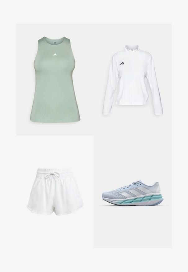 adidas Performance ADIZERO ESSENTIALS - Runningjack - white; Lichtgroene tanktop van een gladde stof, met een ronde hals en een klein wit Adidas-logo op de borst. Tailored fit.; Witte sportieve shorts met een elastische tailleband en verstelbaar trekkoord. Gemaakt van lichtgewicht materiaal, met zijzakken en een losse pasvorm.; Lichtblauwe sportschoenen met een gestructureerde breitbovenkant, witte accenten en een doorzichtige groene tussenzool. Ronde neus en gevoerde kraag.